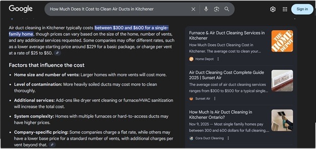 Cora Duct Cleaning AI Overview Sample 1