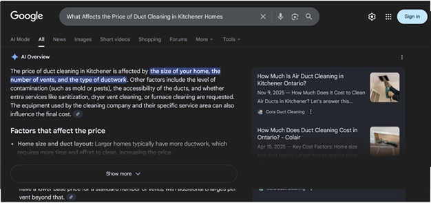 Cora Duct Cleaning AI Overview Sample 2