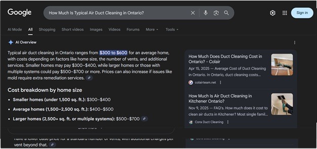 Cora Duct Cleaning AI Overview Sample 3