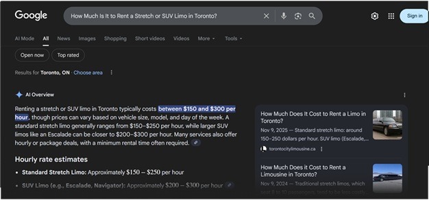 Toronto City Limousine AI Overview Sample 3